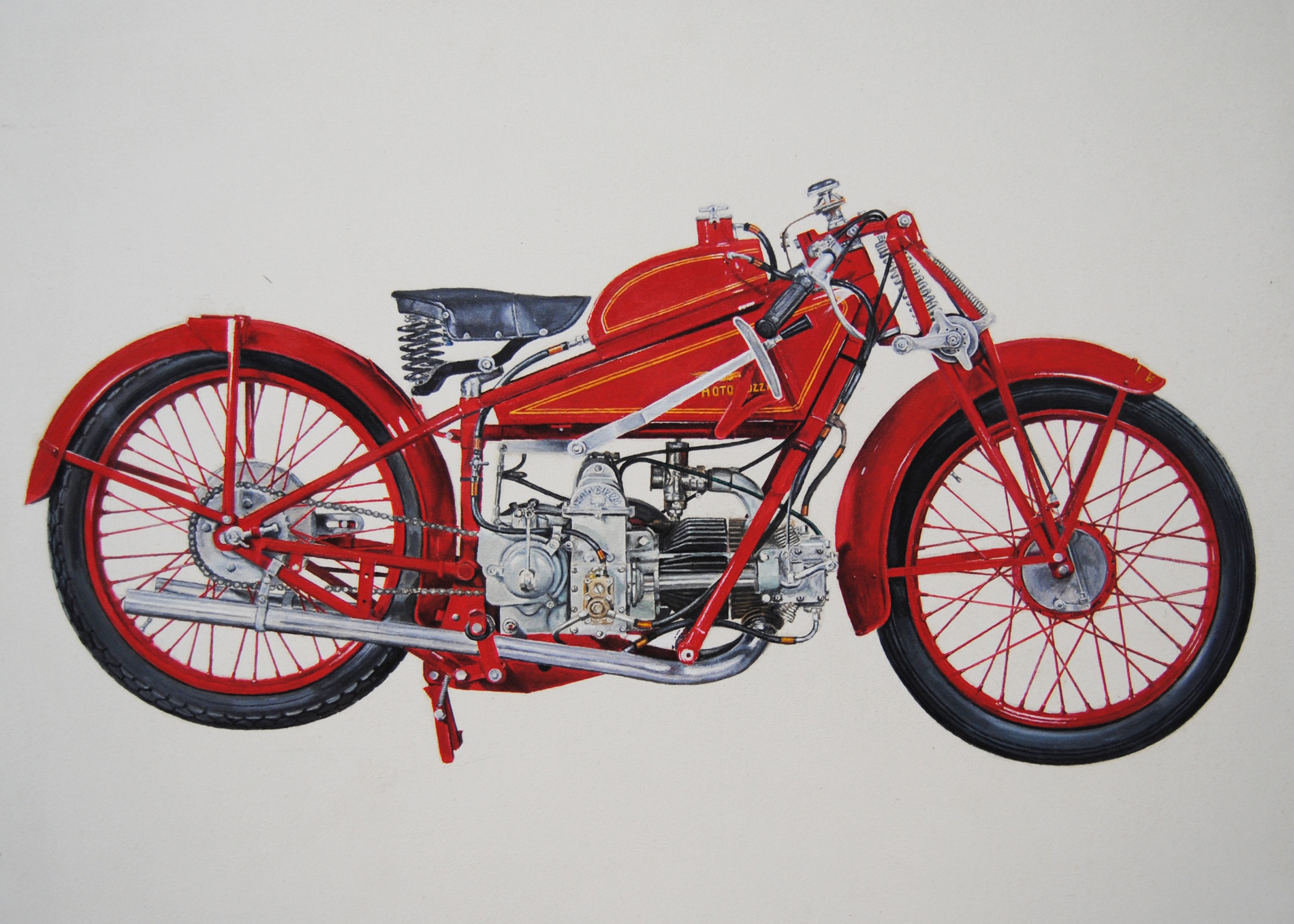 Moto Guzzi C4V dipinta a olio su tavola da Paolo Thrull, 50x70 cm, dettagli metallici e motore monocilindrico a quattro valvole