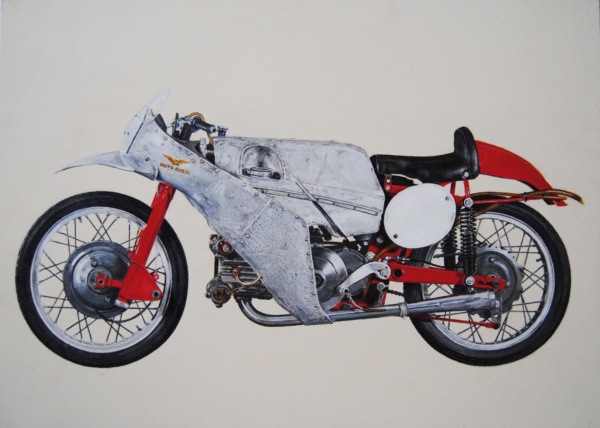 Moto Guzzi V8 dipinta a olio su tavola da Paolo Thrull, 50x70 cm, dettagli metallici e motore a 8 cilindri
