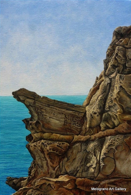 Paesaggio marino livornese dipinto da Alessandro Danzini, scogli di Calafuria e mare modellato dal vento