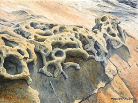 Paesaggio marino livornese dipinto da Alessandro Danzini, scogli di Calafuria e mare modellato dal vento