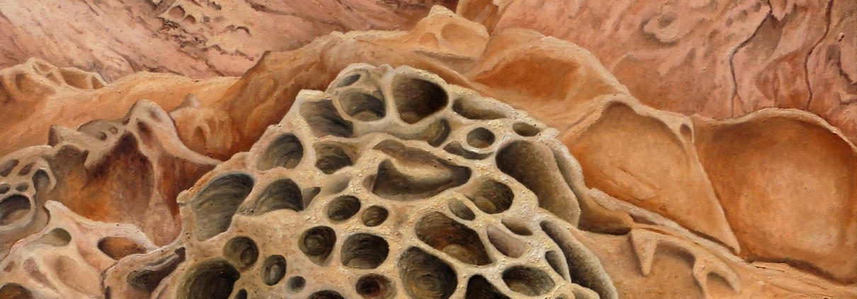 Scogli labronici di Alessandro Danzini con rocce, cielo e mare modellati dal vento, pittura contemporanea ispirata alla natura