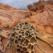 Alessandro Danzini Il grande ricamo Scogli labronici di Alessandro Danzini con rocce, cielo e mare modellati dal vento, pittura contemporanea ispirata alla natura