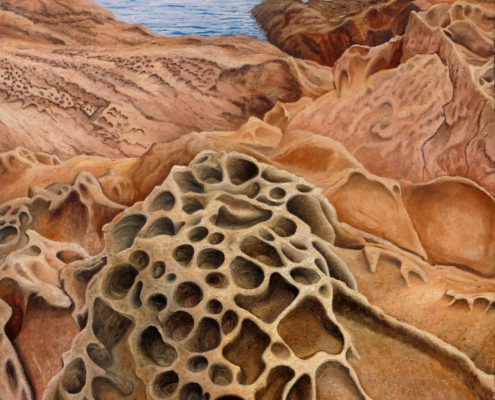 Scogli labronici di Alessandro Danzini con rocce, cielo e mare modellati dal vento, pittura contemporanea ispirata alla natura