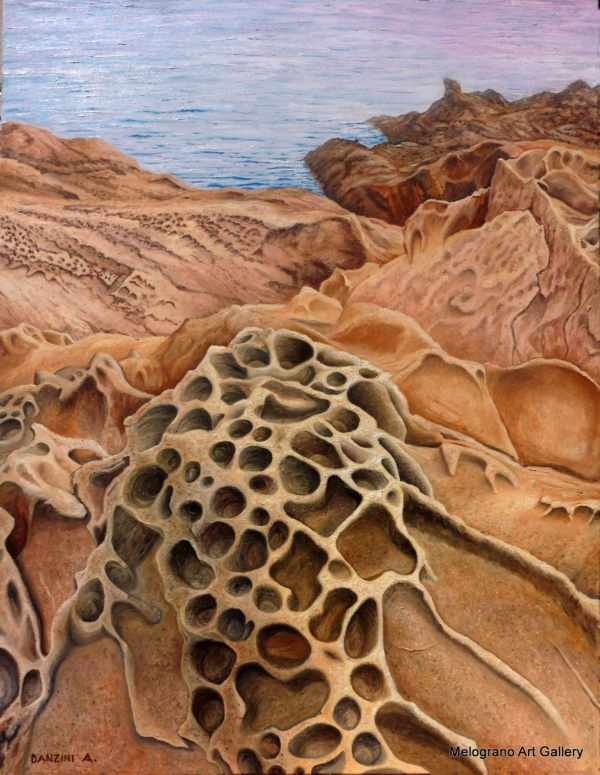 Scogli labronici di Alessandro Danzini con rocce, cielo e mare modellati dal vento, pittura contemporanea ispirata alla natura