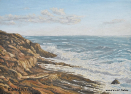 Paesaggio marino livornese dipinto da Alessandro Danzini, scogli di Calafuria e mare modellato dal vento