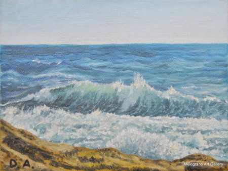 Paesaggio marino livornese dipinto da Alessandro Danzini, scogli di Calafuria e mare modellato dal vento