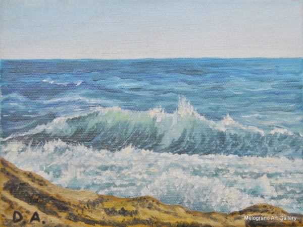 Paesaggio marino livornese dipinto da Alessandro Danzini, scogli di Calafuria e mare modellato dal vento