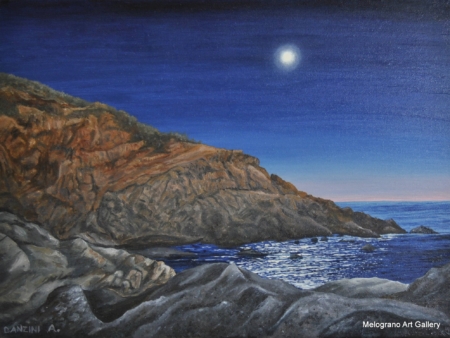 Paesaggio marino livornese dipinto da Alessandro Danzini, scogli di Calafuria e mare modellato dal vento