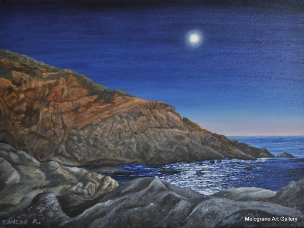 Paesaggio marino livornese dipinto da Alessandro Danzini, scogli di Calafuria e mare modellato dal vento