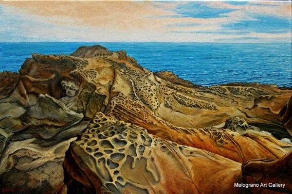 Paesaggio marino livornese dipinto da Alessandro Danzini, scogli di Calafuria e mare modellato dal vento