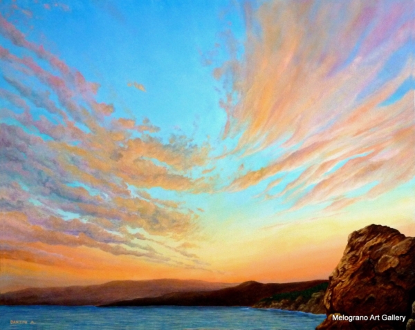 Quadro di Alessandro Danzini. Spettacolare tramonto sul mare di Livorno