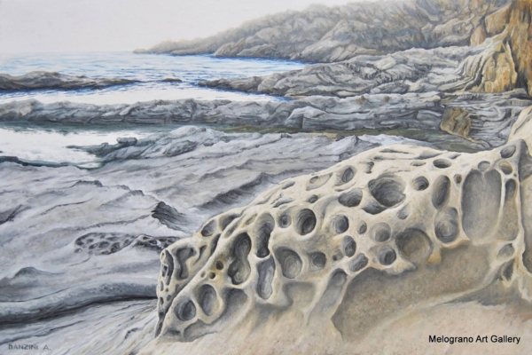 Paesaggio marino livornese dipinto da Alessandro Danzini, scogli di Calafuria e mare modellato dal vento