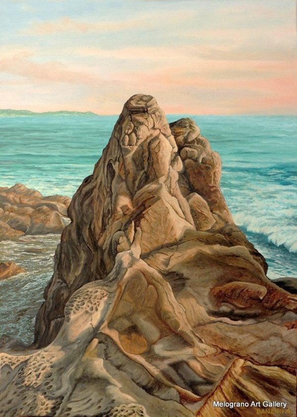 Paesaggio marino livornese dipinto da Alessandro Danzini, scogli di Calafuria e mare modellato dal vento