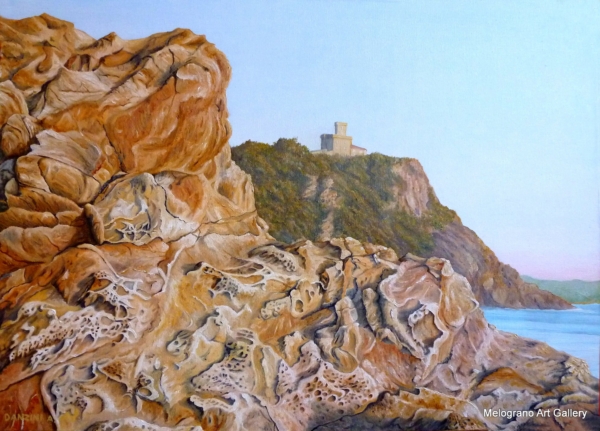 Paesaggio marino livornese dipinto da Alessandro Danzini, scogli di Calafuria e mare modellato dal vento