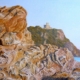 Paesaggio marino livornese dipinto da Alessandro Danzini, scogli di Calafuria e mare modellato dal vento