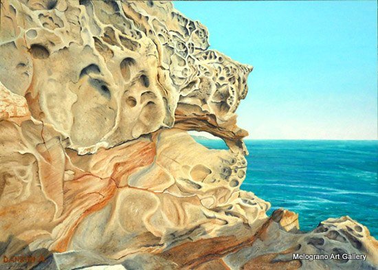 Paesaggio marino livornese dipinto da Alessandro Danzini, scogli di Calafuria e mare modellato dal vento