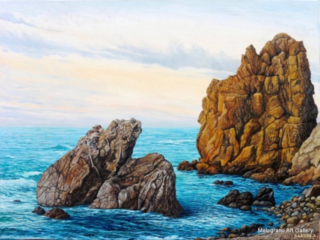 Paesaggio marino livornese dipinto da Alessandro Danzini, scogli di Calafuria e mare modellato dal vento