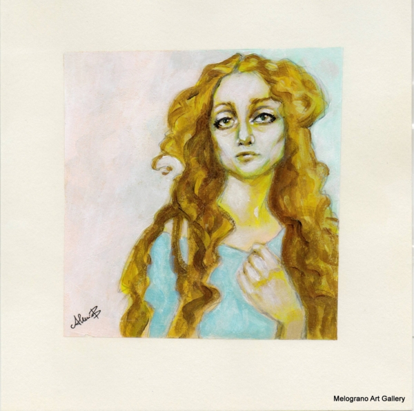 Ritratto femminile di Alessia Bernardeschi, realizzato a china con velature d’azzurro e rosa
