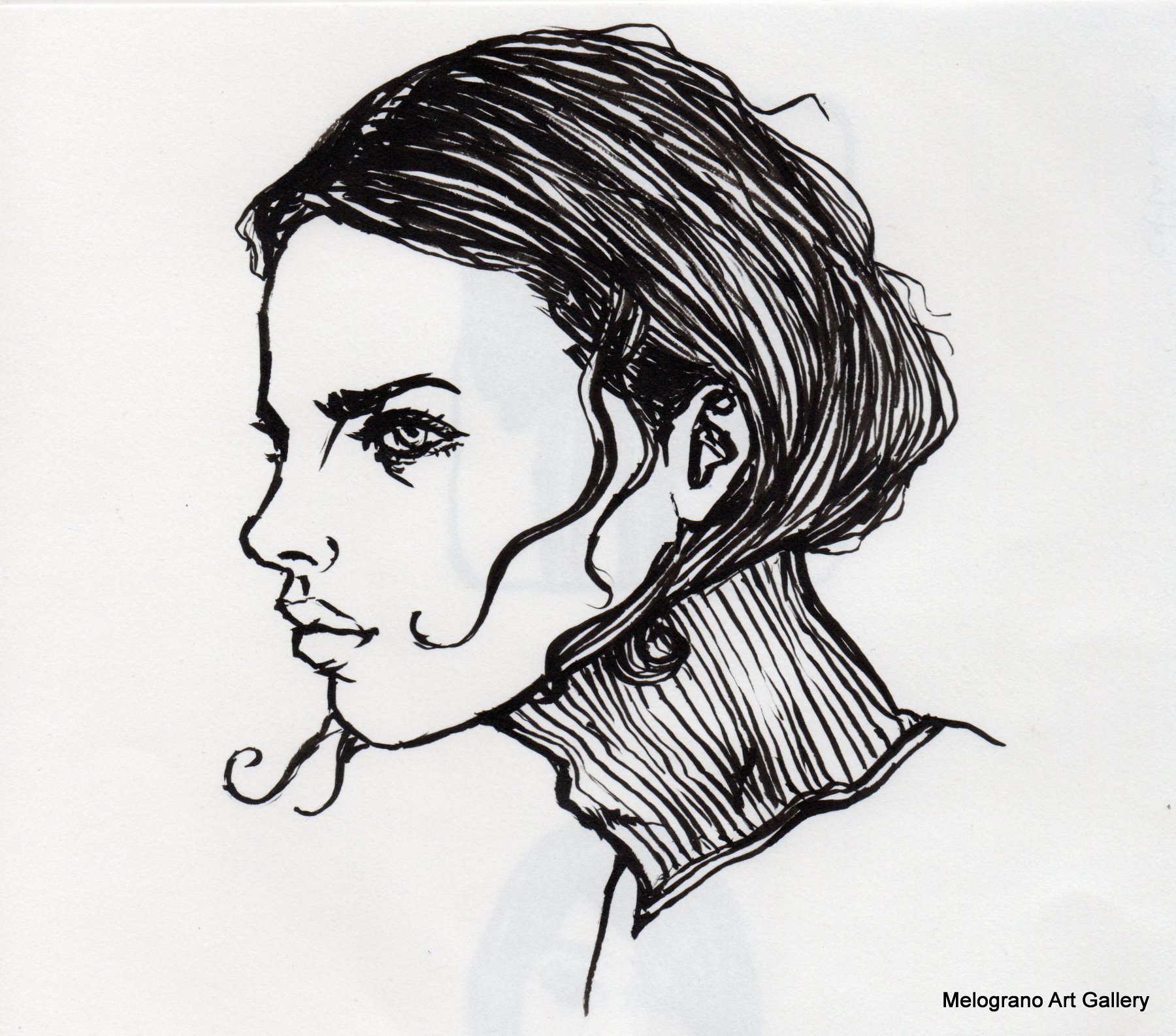 Ritratto femminile di Alessia Bernardeschi, realizzato a china in bianco e nero espressione intensa e delicata.