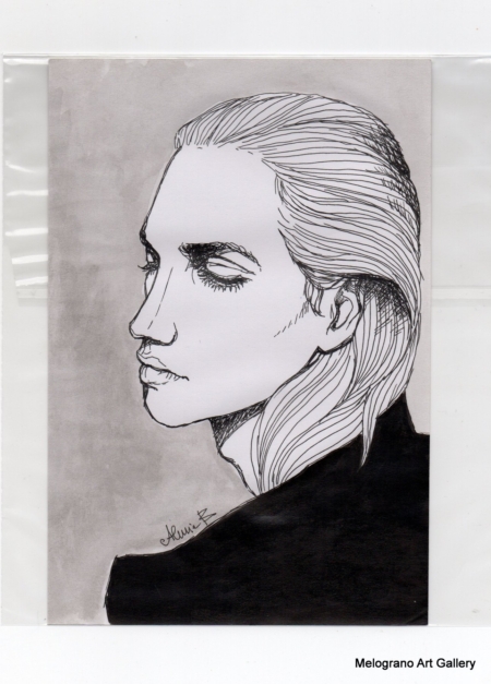 Ritratto femminile di Alessia Bernardeschi, realizzato su carta a acquarello, china e tecnica mista, espressione intensa e delicata.