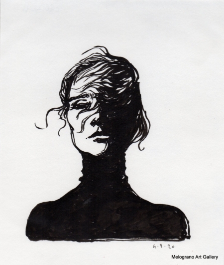 Ritratto femminile di Alessia Bernardeschi, realizzato a china in bianco e nero espressione intensa e delicata.