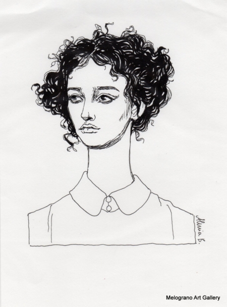 Ritratto femminile di Alessia Bernardeschi, realizzato a china in bianco e nero espressione intensa e delicata.