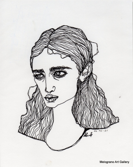 Ritratto femminile di Alessia Bernardeschi, realizzato a china in bianco e nero espressione intensa e delicata.