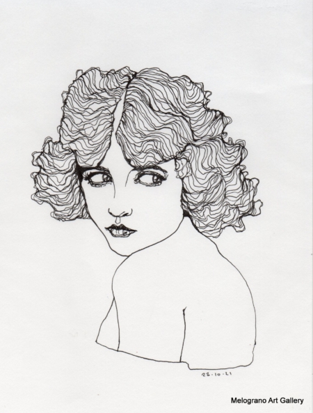 Ritratto femminile di Alessia Bernardeschi, realizzato a china in bianco e nero espressione intensa e delicata.