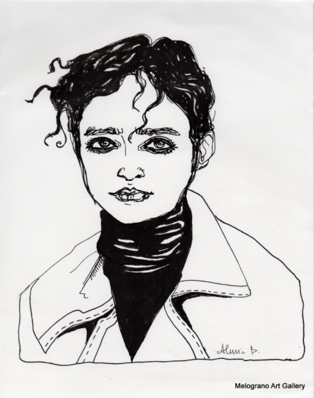 Ritratto femminile di Alessia Bernardeschi, realizzato a china in bianco e nero espressione intensa e delicata.