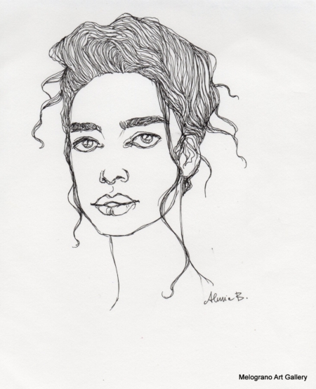 Ritratto femminile di Alessia Bernardeschi, realizzato a china in bianco e nero espressione intensa e delicata.