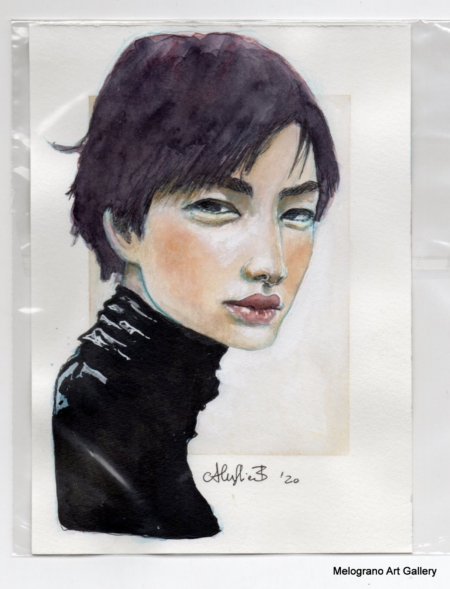 Ritratto femminile di Alessia Bernardeschi, realizzato su carta a acquarello, china e tecnica mista, espressione intensa e decisa.