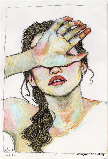 Ritratto femminile di Alessia Bernardeschi, realizzato su carta a acquarello, china e tecnica mista, espressione intensa e delicata.