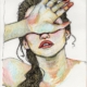 Ritratto femminile di Alessia Bernardeschi, realizzato su carta a acquarello, china e tecnica mista, espressione intensa e delicata.