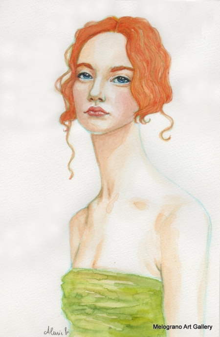 Ritratto femminile di Alessia Bernardeschi, realizzato su carta a acquarello, china e tecnica mista, espressione intensa e delicata.