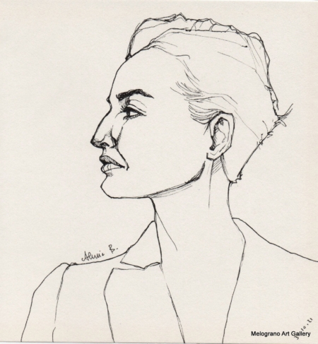 Ritratto femminile di Alessia Bernardeschi, realizzato a china in bianco e nero espressione intensa e decisa.