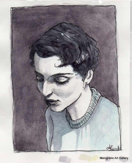 Ritratto femminile di Alessia Bernardeschi, realizzato su carta a acquarello, china e tecnica mista, espressione intensa e delicata.