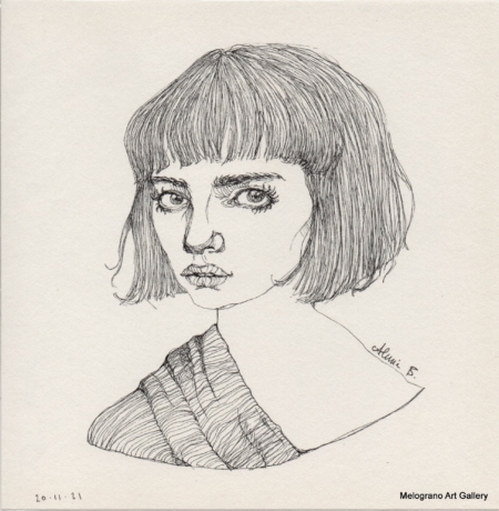 Ritratto femminile di Alessia Bernardeschi, realizzato a china in bianco e nero espressione intensa e delicata.