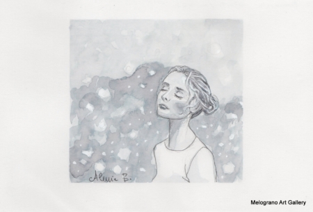 Ritratto femminile di Alessia Bernardeschi, realizzato a china in bianco e nero espressione intensa e delicata.