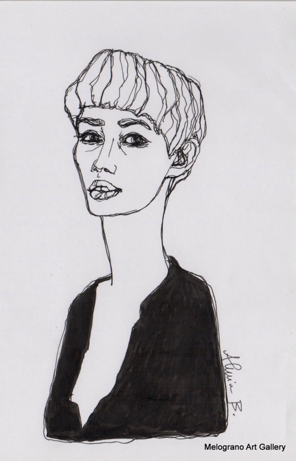Ritratto femminile di Alessia Bernardeschi, realizzato a china in bianco e nero espressione intensa e delicata.