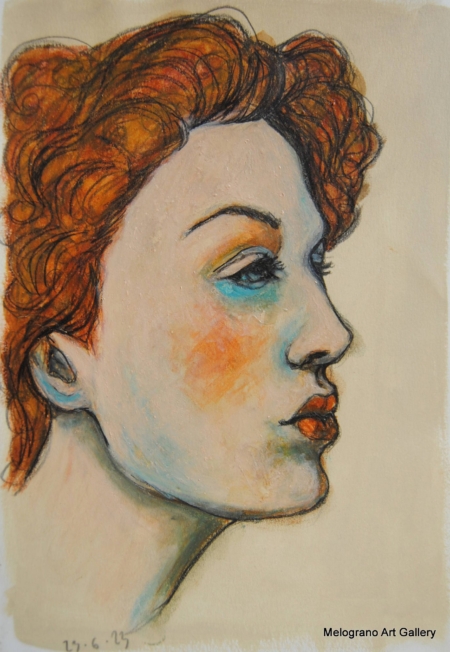 Ritratto femminile di Alessia Bernardeschi, realizzato su carta a acquarello, china e tecnica mista, espressione intensa e delicata.