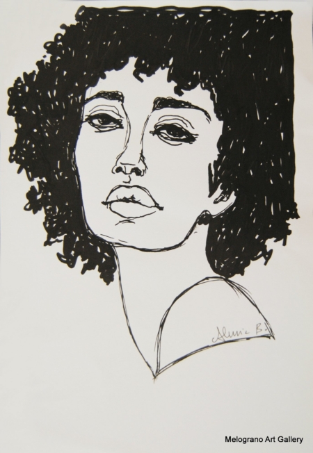 Ritratto femminile di Alessia Bernardeschi, realizzato a china in bianco e nero espressione intensa e delicata.