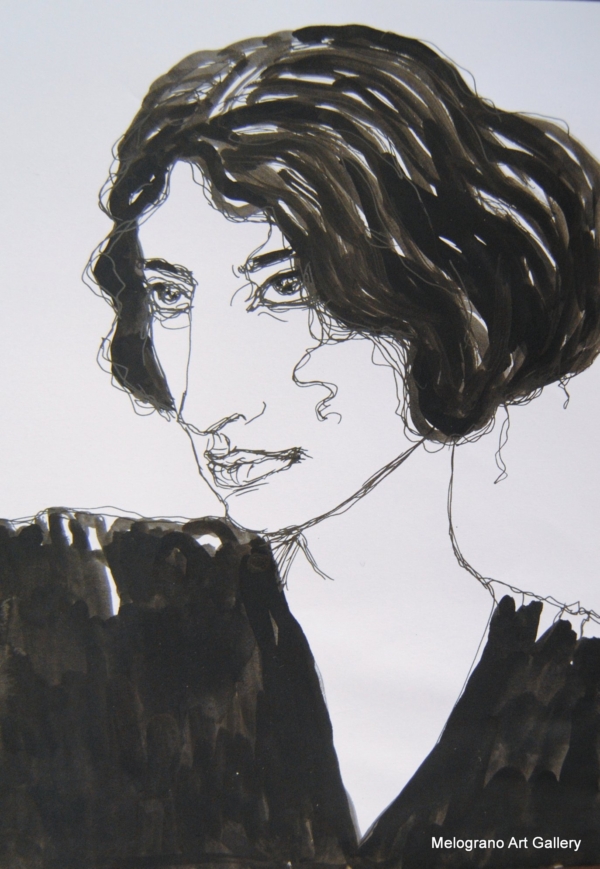 Ritratto femminile di Alessia Bernardeschi, realizzato a china in bianco e nero espressione intensa e delicata.