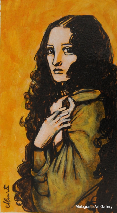 Volto intenso di donna dipinto su carta da Alessia Bernardeschi