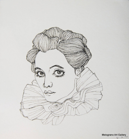 Ritratto femminile di Alessia Bernardeschi, realizzato a china in bianco e nero espressione intensa e delicata.