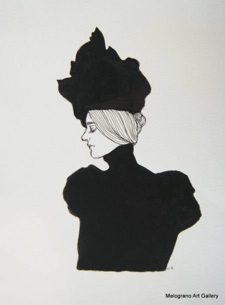 Ritratto femminile di Alessia Bernardeschi, realizzato su carta a acquarello, china e tecnica mista, espressione intensa e delicata.