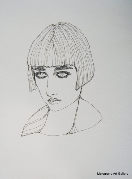 Ritratto femminile di Alessia Bernardeschi, realizzato a china in bianco e nero espressione intensa e delicata.