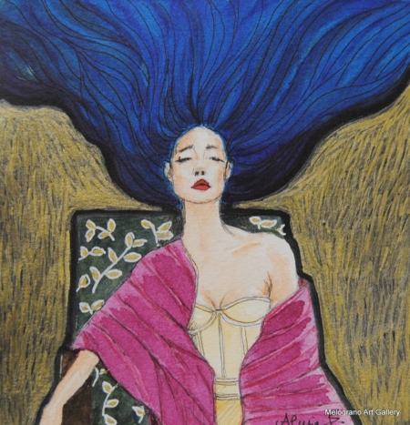 Ritratto femminile di Alessia Bernardeschi, realizzato a china con gioco di colore tra azzurro dei capelli e rosso del vestito