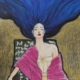 Ritratto femminile di Alessia Bernardeschi, realizzato a china con gioco di colore tra azzurro dei capelli e rosso del vestito