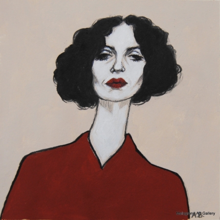 Ritratto femminile di Alessia Bernardeschi, realizzato a china con posa severa e vestito rosso scuro