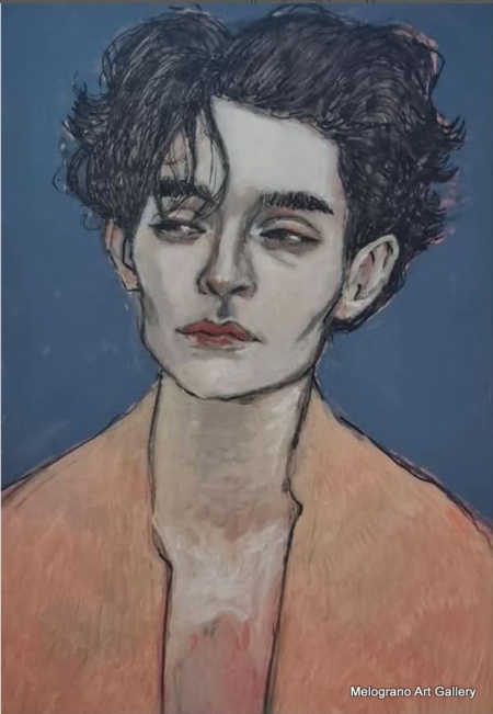 Donna dipinta su carta da Alessia Bernardeschi, con espressione triste